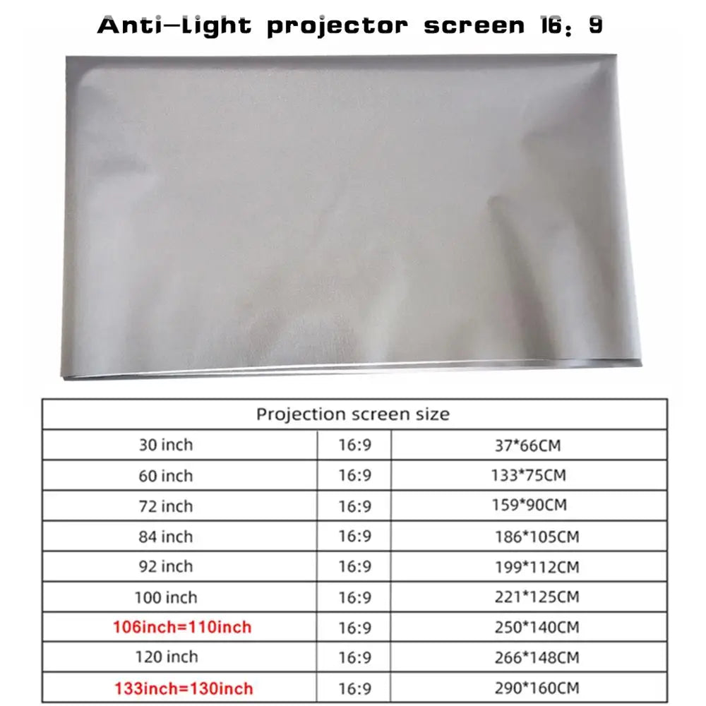 MIXITO Projector Screen Simple 16:9 Anti-Light Curtain 30 72 84 92 100 106 120 130 133 Inches Home Outdoor Office Portable 3d HD