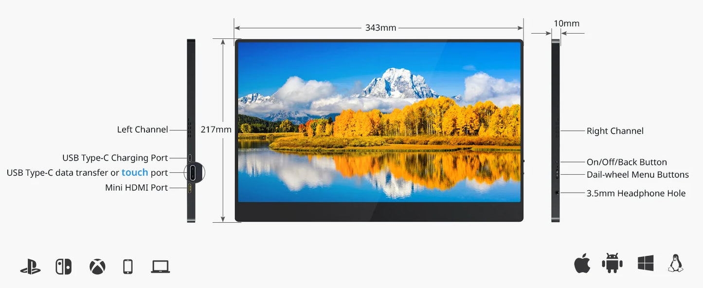 Touchscreen 15 Inch Portable Monitor FHD Office Aluminum Alloy Second External IPS display For Laptop XBox PS4/5 Switch Phone PC