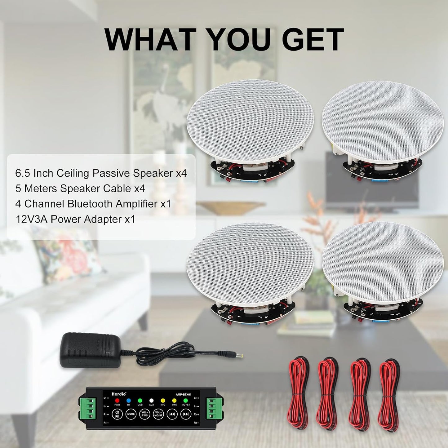 Herdio 4PCS 6.5" 600 Watts Bluetooth Ceiling Speakers Wired Home Recessed Speaker System Perfect For Indoor Kitchen Home Bedroom