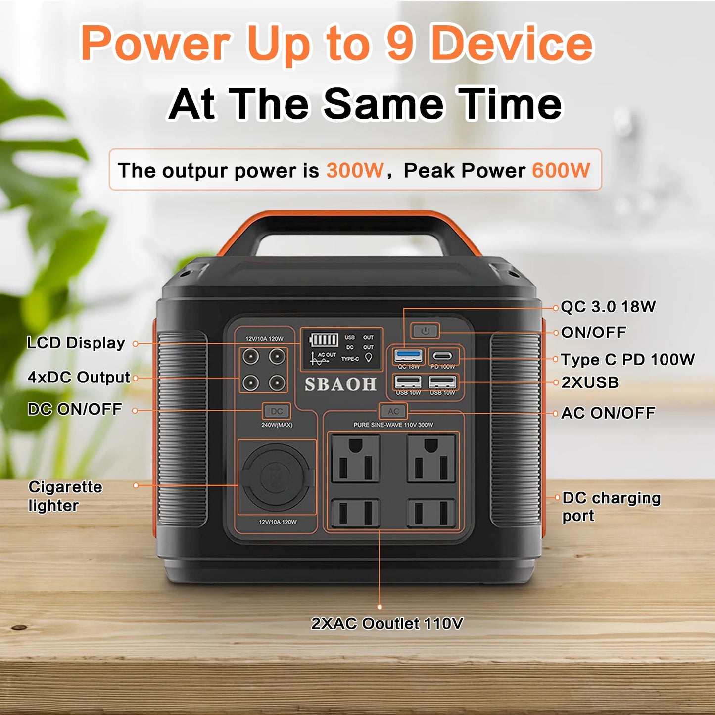 Portable Power Station, 300W 296Wh Solar Generator Quick Charge / 110V AC Outlets/DC Ports and LED Flashlight, Lithium Battery B