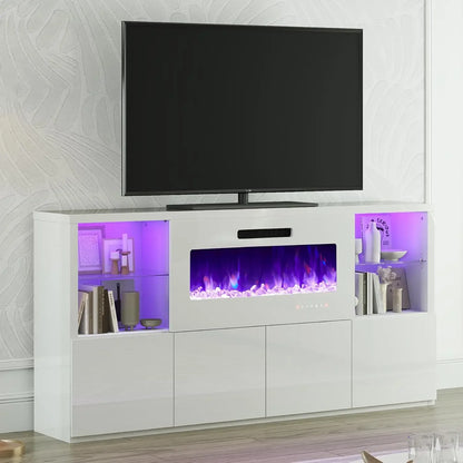 Fireplace TV Stand for TVs up to 75", Modern High Gloss Entertainment Center with 40" Fireplace, 4 Shelves & Storage Cabinets