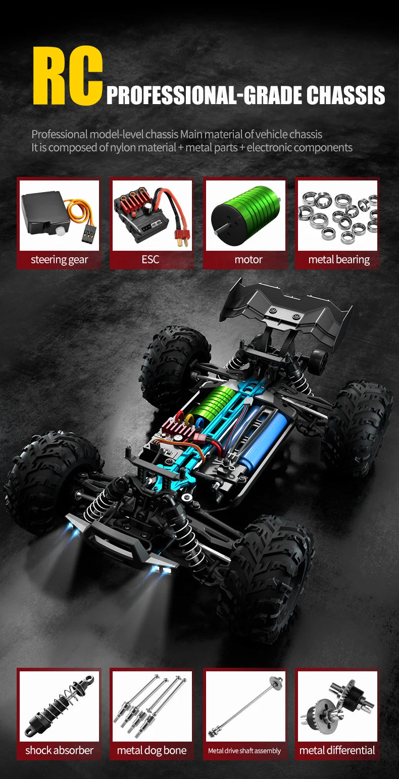 Rc Car Off Road 4x4 High Speed 70KM/H Remote Control Car with LED Headlight Brushless 4WD 1/16 Monster Truck Toys for Boys Gift