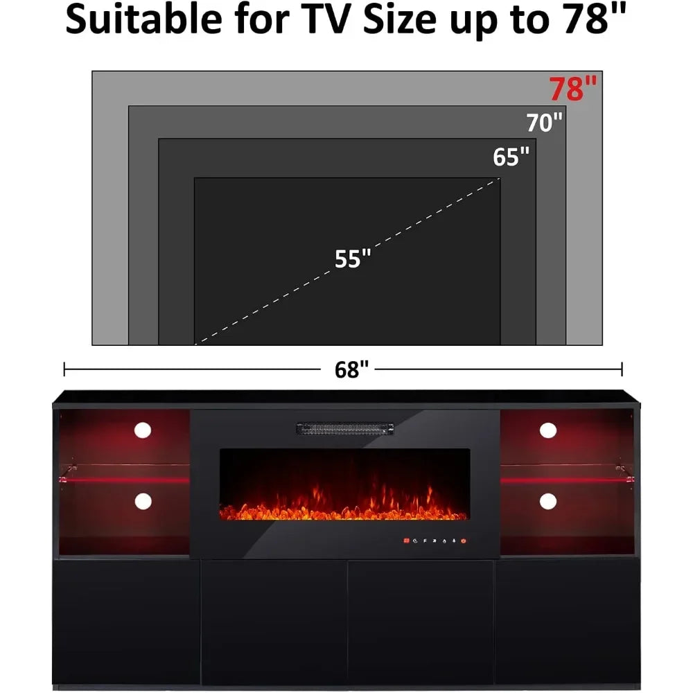 Fireplace TV Stand for TVs up to 75", Modern High Gloss Entertainment Center with 40" Fireplace, 4 Shelves & Storage Cabinets