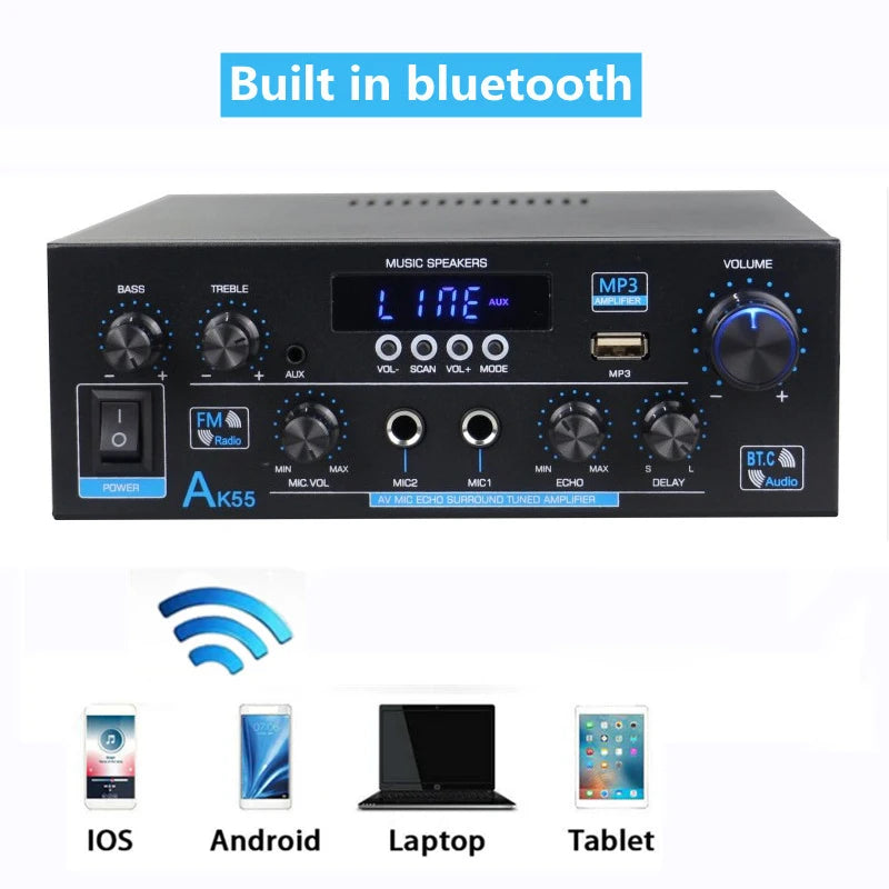 AK35/AK45/AK55 Sound Amplifiers Bluetooth Digital Amplifier for Home Car Karaoke 2 Channel HiFi Stereo AMP FM USB Remote Control