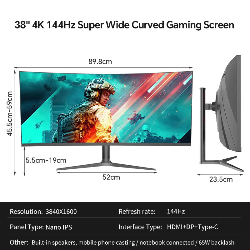 Anmite 38" 4K Nano-IPS screen 144Hz curved widescreen monitor, gaming display for big game enthusiasts