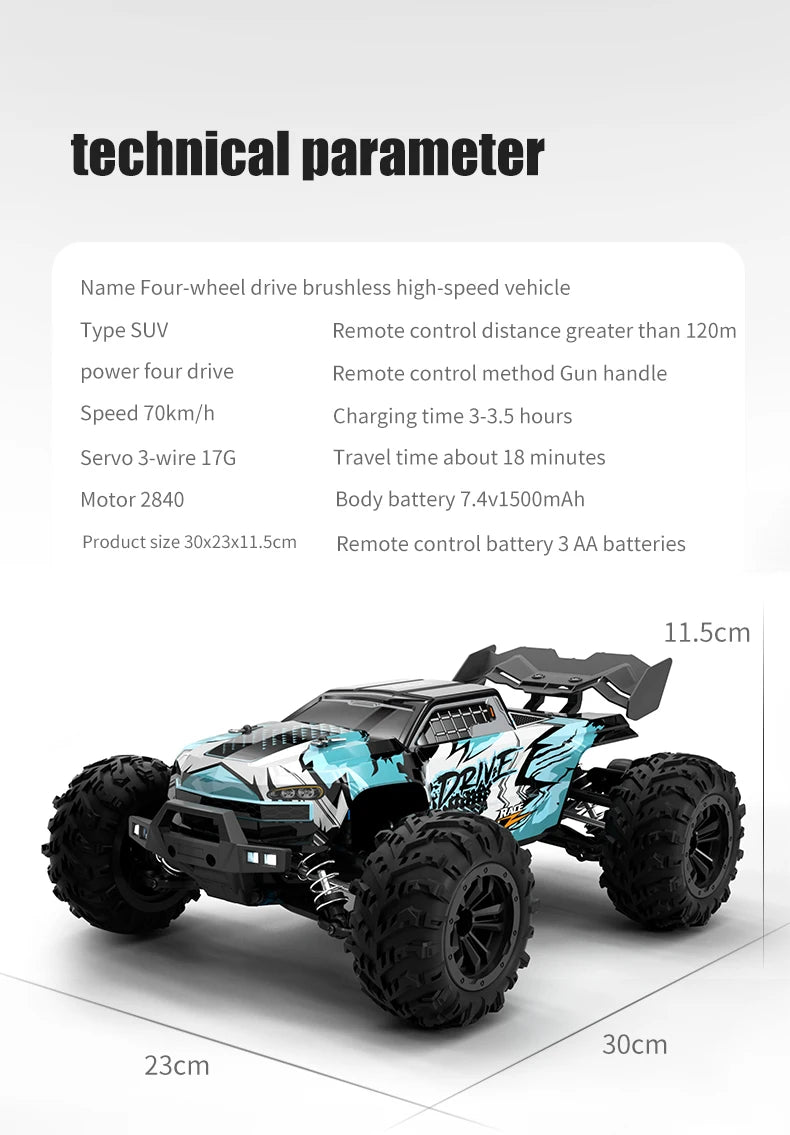 Rc Car Off Road 4x4 High Speed 70KM/H Remote Control Car with LED Headlight Brushless 4WD 1/16 Monster Truck Toys for Boys Gift