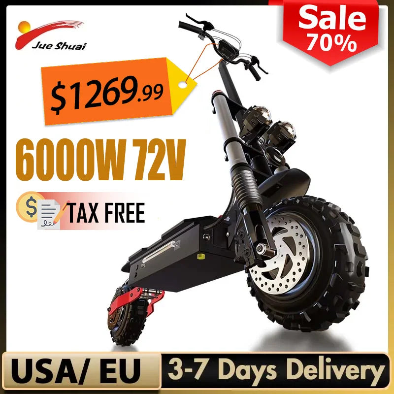 $1269/pc, 6000W Dual Motors Electric Scooter Adults up to 85 km/h 11" Off Road Tire with Seat Oil Hydraulic Suspension tax free