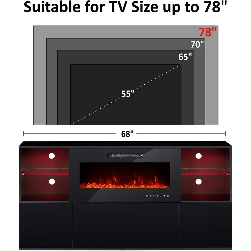 Fireplace TV Stand for TVs up to 75", Modern High Gloss Entertainment Center with 40" Fireplace, 4 Shelves & Storage Cabinets