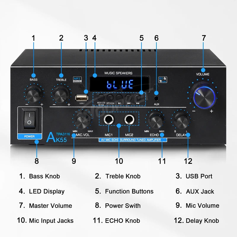 Woopker Amplifier AK55 900W Max 2.0 Channel Rated 70W+70W Bluetooth Audio Hifi AMP Karaoke Music Player Support 110V 220V 12V