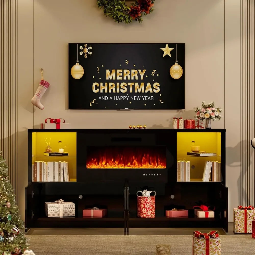 Fireplace TV Stand for TVs up to 75", Modern High Gloss Entertainment Center with 40" Fireplace, 4 Shelves & Storage Cabinets