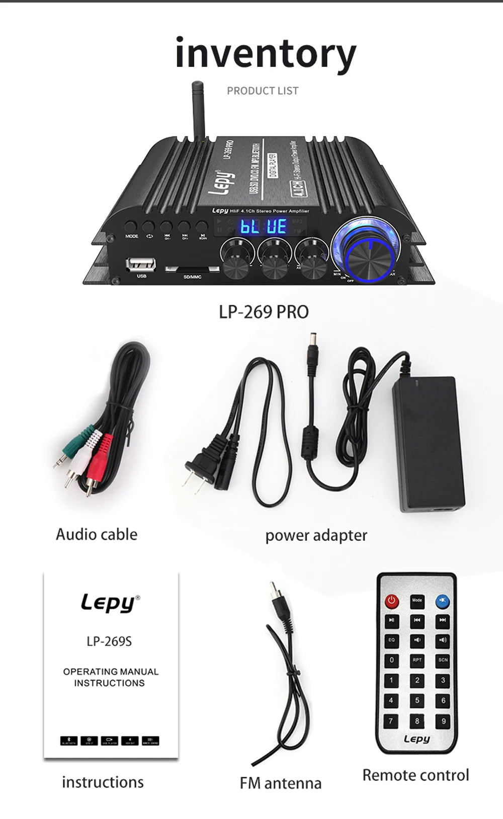 LEPY LP-269PRO 4.1 Channel Amplifier Bluetooth 5.0 Coaxial In USB SD FM Function Subwoofer Output Home Theater Sound System