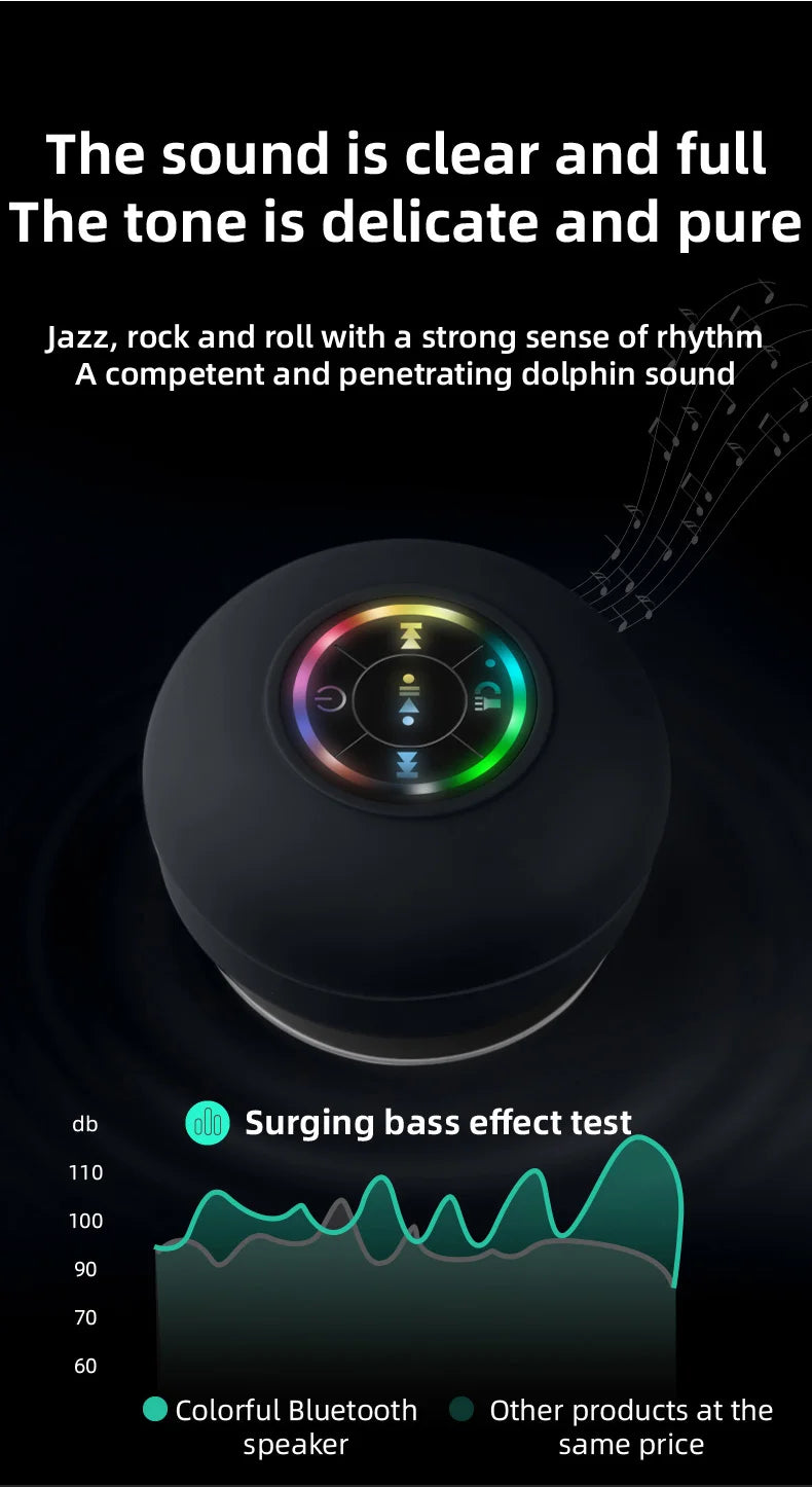 Portable Waterproof Bluetooth Shower Speaker with Suction Cup and LED Lights 3D Surround Stereo subwoofer