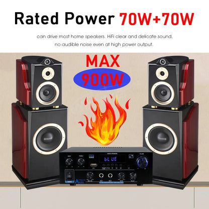 Woopker Amplifier AK55 900W Max 2.0 Channel Rated 70W+70W Bluetooth Audio Hifi AMP Karaoke Music Player Support 110V 220V 12V