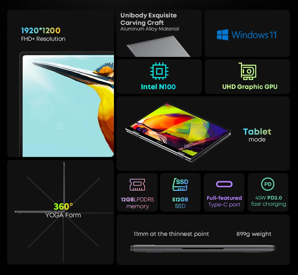 CHUWI MiniBook X Laptop Tablet 2 In 1 Intel N100 10.51" FHD IPS Screen 12GB LPDDR5 512G SSD Windows 11 Notebook 1200*1920