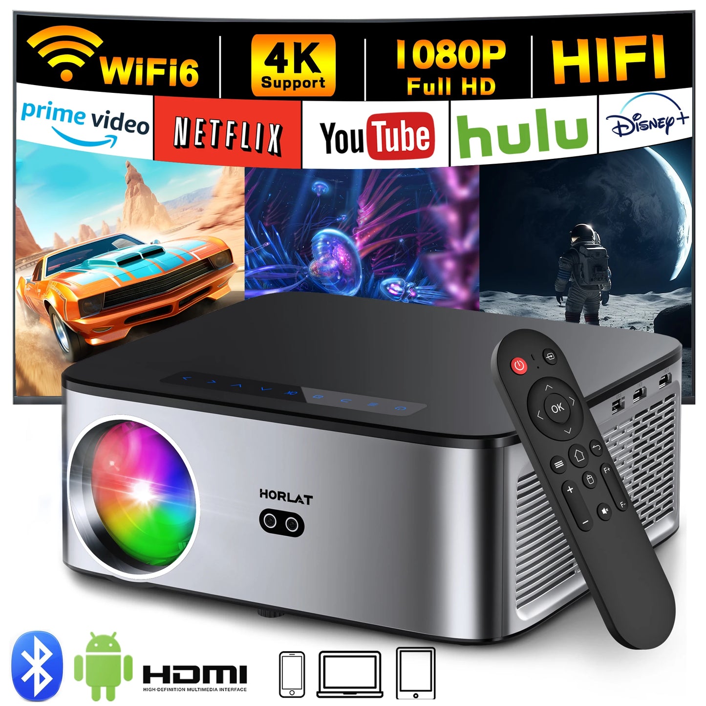 HORLAT 26000Lumenes Android 4K Projector 8K Decode Video Audio Home Theater AutoFocus Keystone 5G WiFi Portable Proyector Beamer