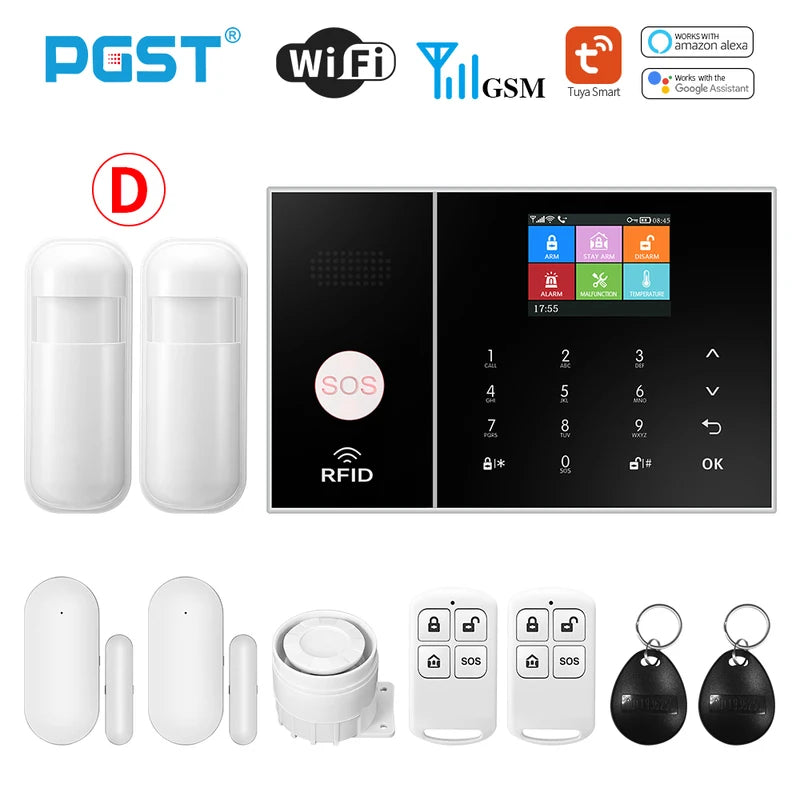 PGST Smart Life Alarm System for Home WIFI GSM Security Alarm Host with Door and Motion Sensor Tuya Smart App control work Alexa