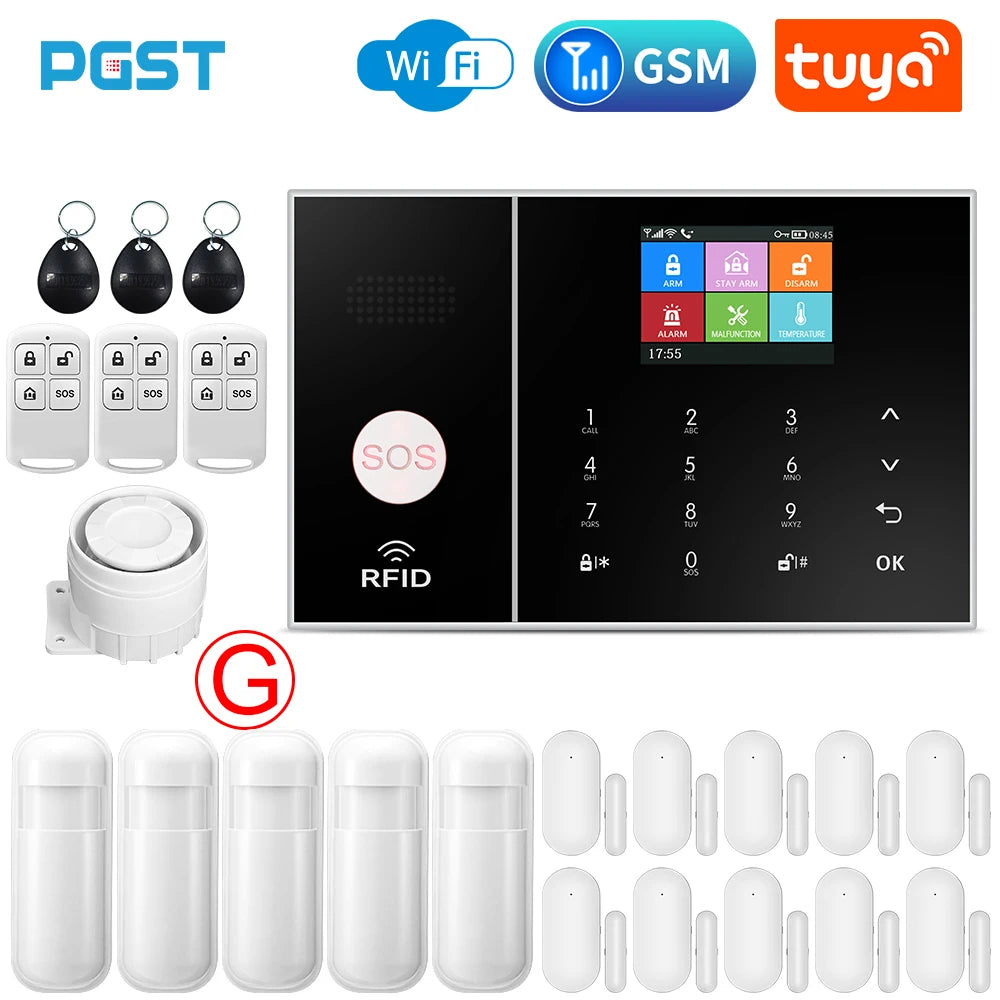 PGST Smart Life Alarm System for Home WIFI GSM Security Alarm Host with Door and Motion Sensor Tuya Smart App control work Alexa