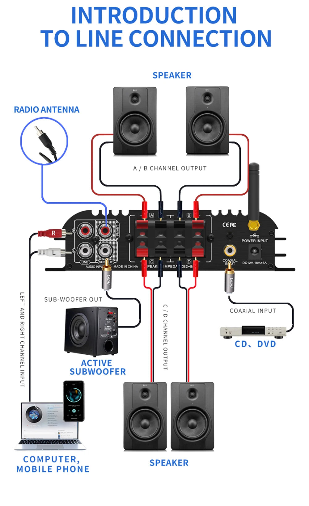 LEPY LP-269PRO 4.1 Channel Amplifier Bluetooth 5.0 Coaxial In USB SD FM Function Subwoofer Output Home Theater Sound System