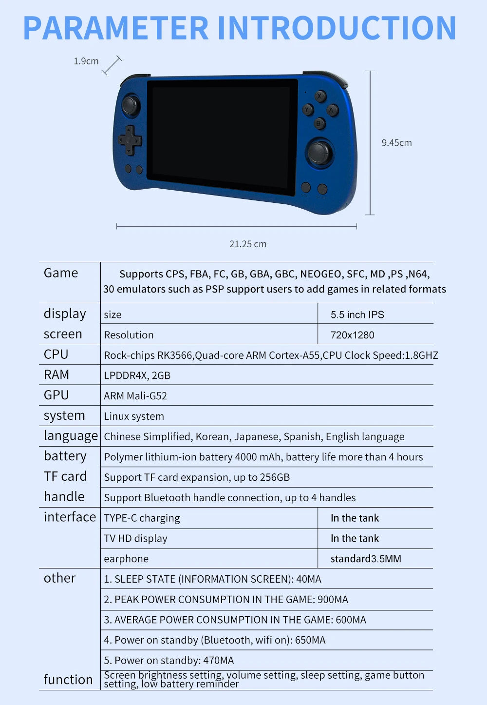 POWKIDDY X55 5.5 INCH 1280*720 IPS Screen RK3566 Handheld Game Console Open-Source Retro Console Children's gifts