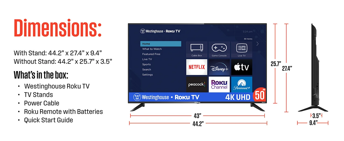 Roku TV - 50 Inch Smart TV, 4K UHD LED TV with Wi-Fi Connectivity and Mobile App, Flat Screen TV Compatible with Apple Home Kit