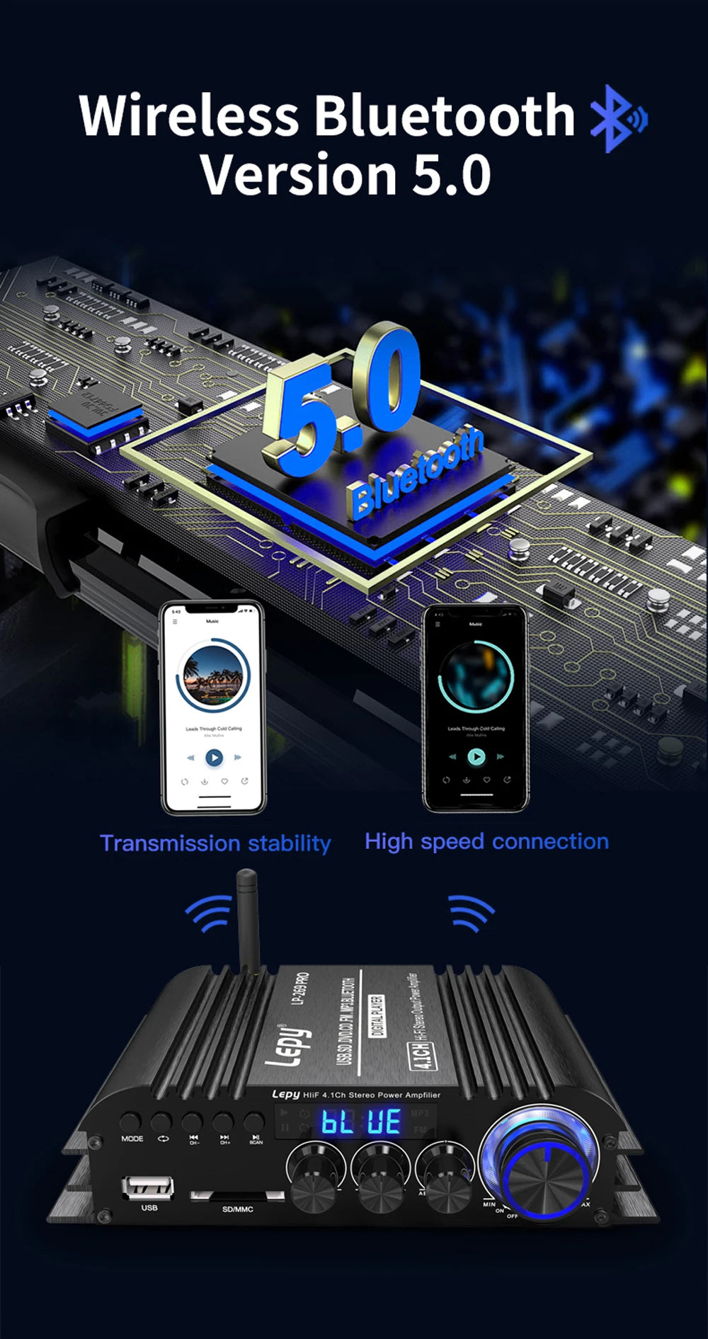 LEPY LP-269PRO 4.1 Channel Amplifier Bluetooth 5.0 Coaxial In USB SD FM Function Subwoofer Output Home Theater Sound System