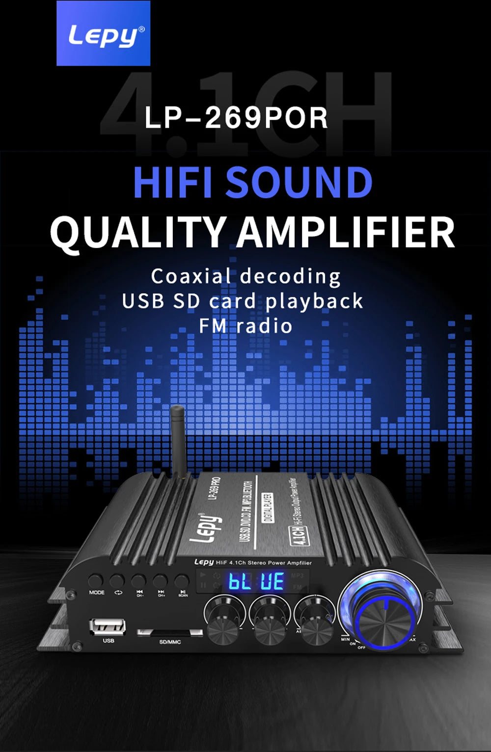 LEPY LP-269PRO 4.1 Channel Amplifier Bluetooth 5.0 Coaxial In USB SD FM Function Subwoofer Output Home Theater Sound System