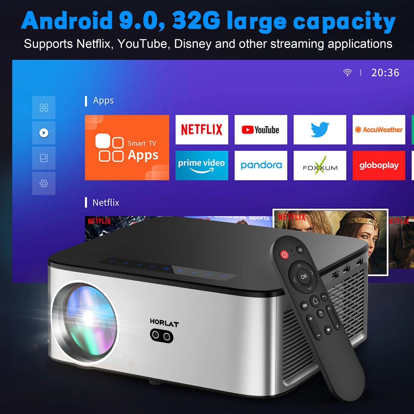 HORLAT 26000Lumenes Android 4K Projector 8K Decode Video Audio Home Theater AutoFocus Keystone 5G WiFi Portable Proyector Beamer