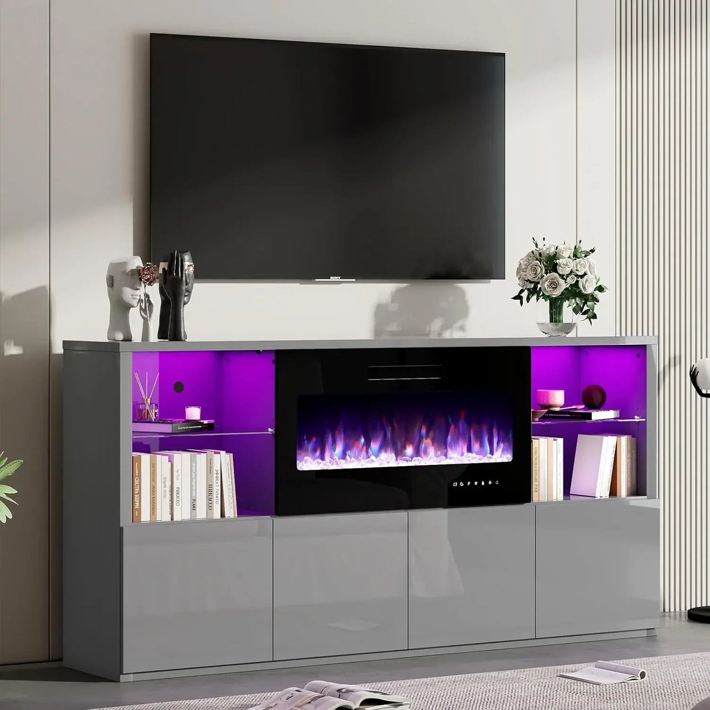 Fireplace TV Stand for TVs up to 75", Modern High Gloss Entertainment Center with 40" Fireplace, 4 Shelves & Storage Cabinets