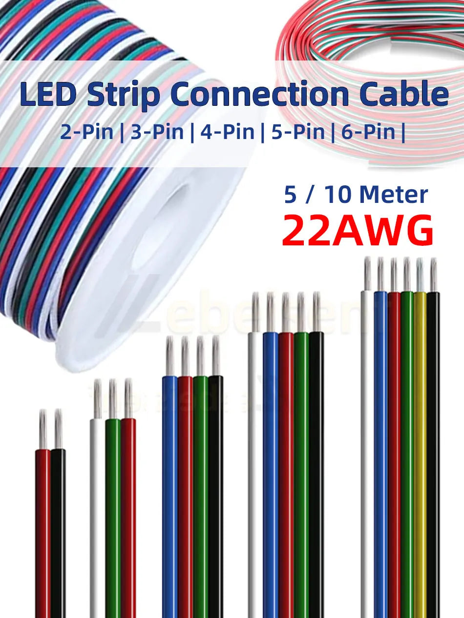 5/10Meter 22 AWG 2Pin 3Pin 4Pin 5Pin 6Pin Electronic Cable Extension Wire Color Line for 5050 3528 RGBW RGB CCT LED Strip Lights