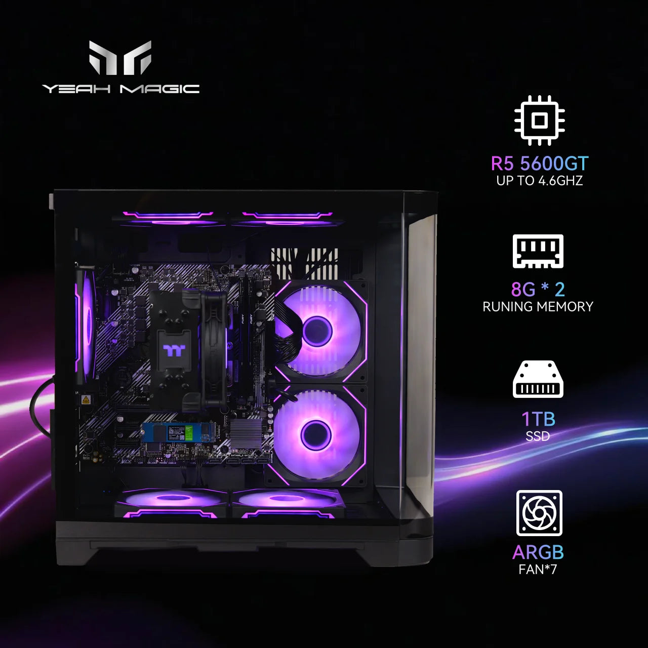 YEAH MAGIC Gaming Desktop AMD Ryzen 5 5500GT 3.9GHz 16GB(8G*2) DDR4 3200 1T NVME SSD ARGB 7 Fans Win 11 Home Gamer Desktop WIFI6