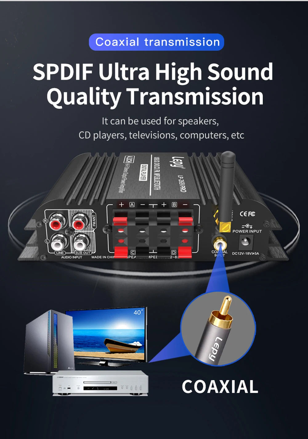 LEPY LP-269PRO 4.1 Channel Amplifier Bluetooth 5.0 Coaxial In USB SD FM Function Subwoofer Output Home Theater Sound System