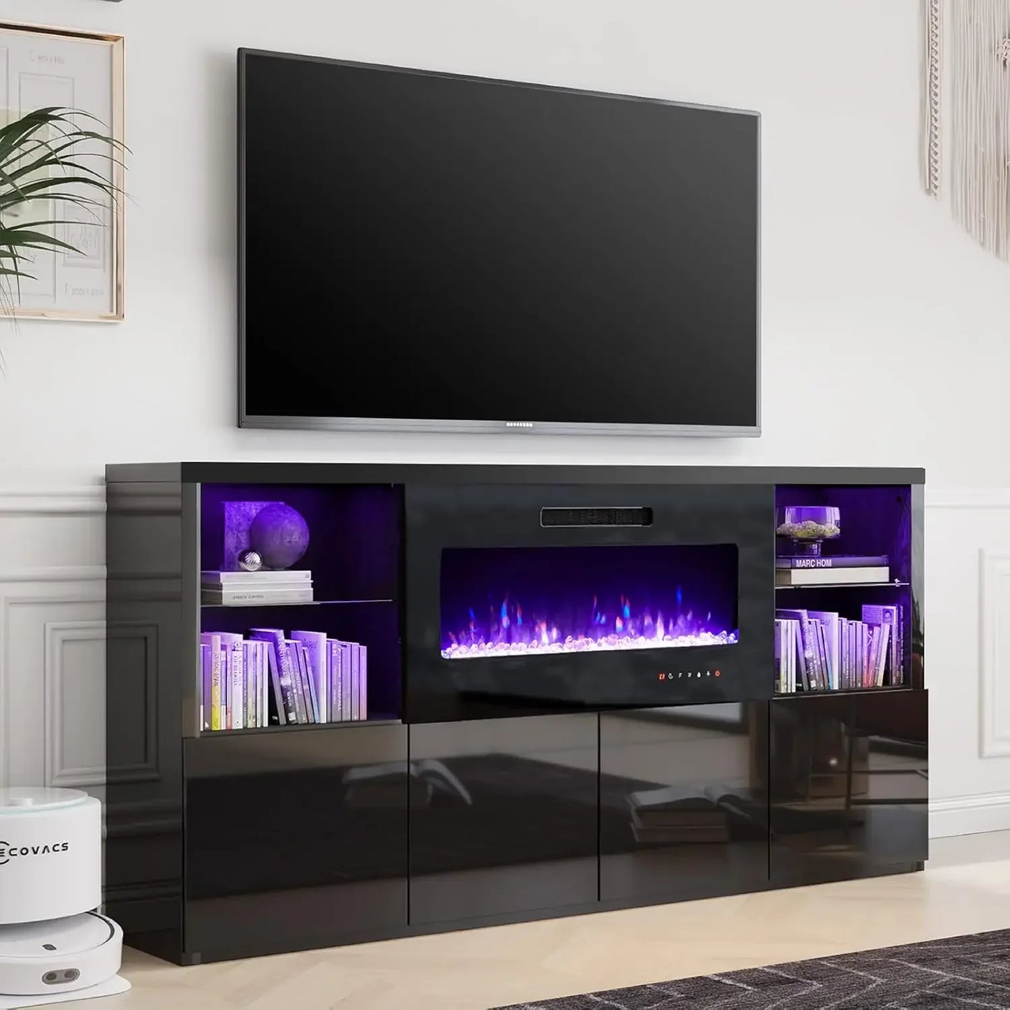 Fireplace TV Stand for TVs up to 75", Modern High Gloss Entertainment Center with 40" Fireplace, 4 Shelves & Storage Cabinets