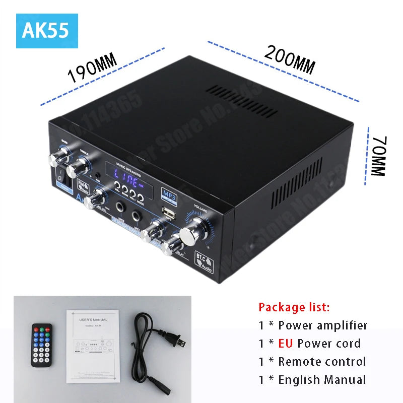 AK35/AK45/AK55 Sound Amplifiers Bluetooth Digital Amplifier for Home Car Karaoke 2 Channel HiFi Stereo AMP FM USB Remote Control