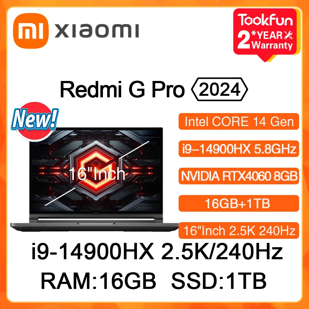 XIAOMI Redmi G Pro Gaming Laptop 2024 Intel Core i9-14900HX NVIDIA Geforce RTX 4060 16"Inch 2.5K 240Hz RAM 16GB SSD 1TB Gamer PC