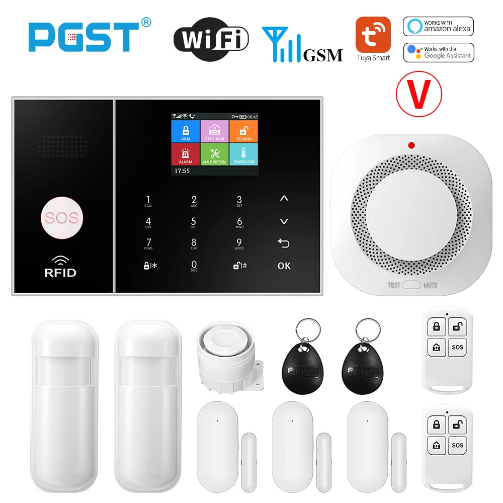 PGST Smart Life Alarm System for Home WIFI GSM Security Alarm Host with Door and Motion Sensor Tuya Smart App control work Alexa