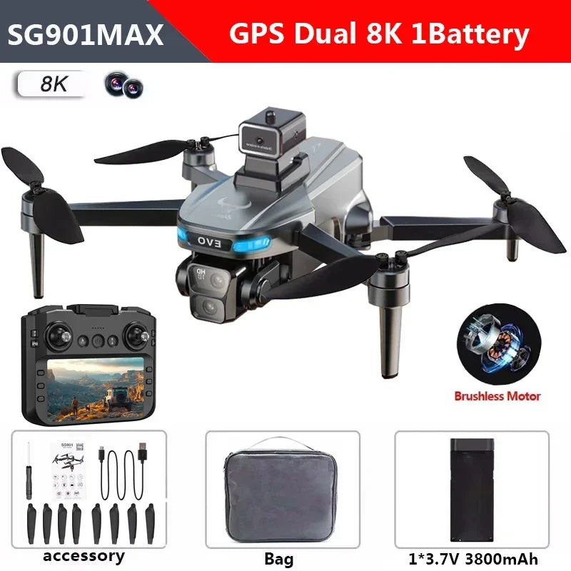 Professional SG901 MAX GPS Drone 8K HD Dual Camera With Screen 5G WIFI 360°Obstacle Avoidance Brushless Foldable Quadcopter Dron