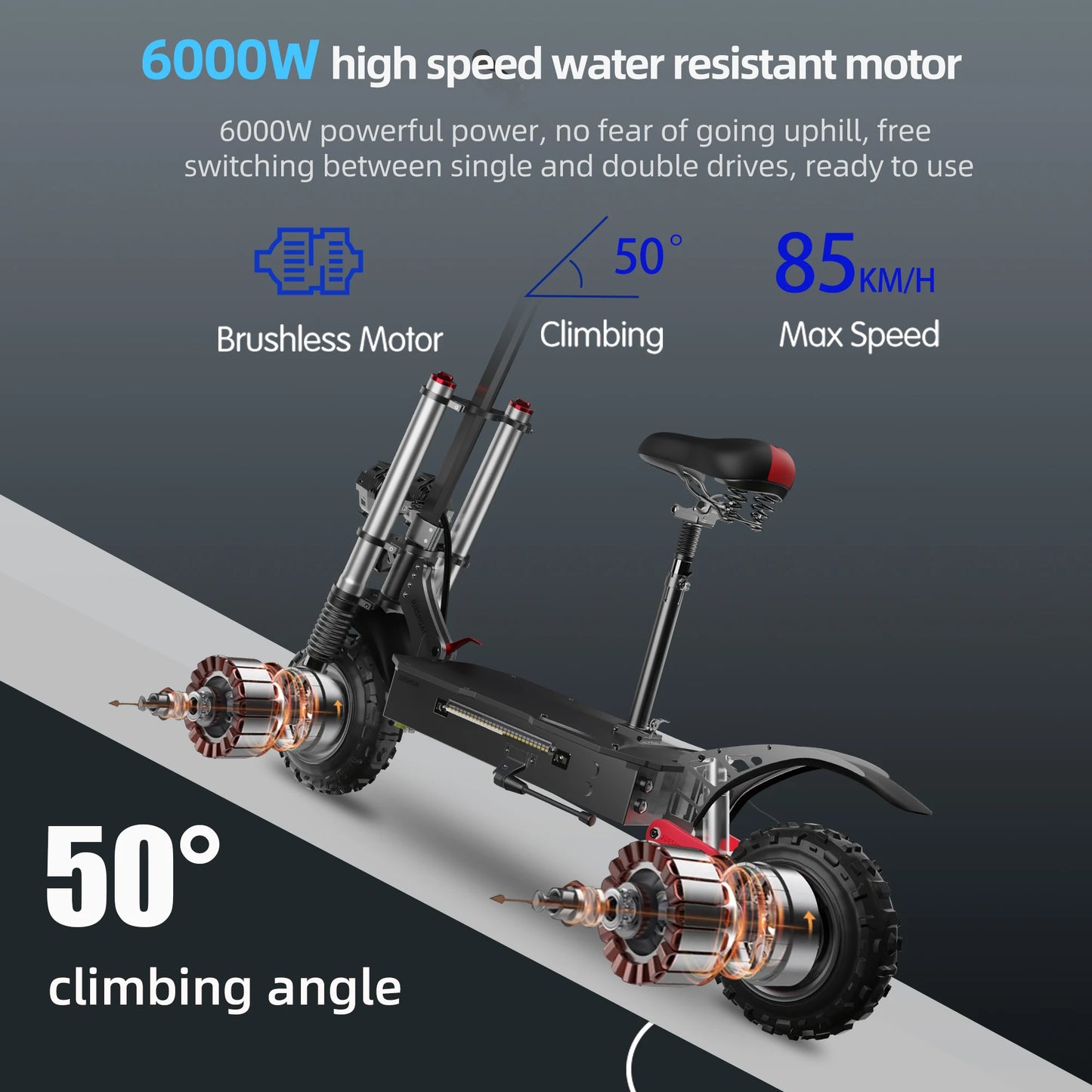 $1269/pc, 6000W Dual Motors Electric Scooter Adults up to 85 km/h 11" Off Road Tire with Seat Oil Hydraulic Suspension tax free