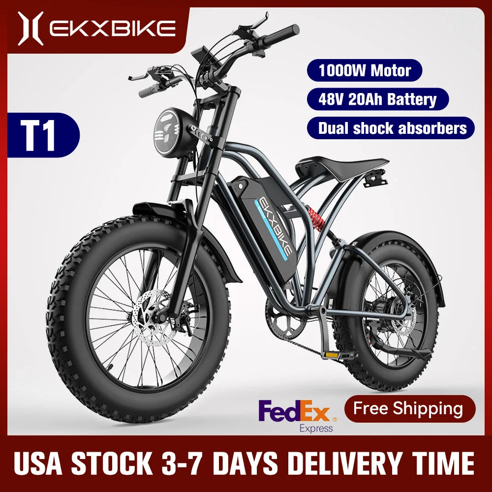 EKX T1 Electric Bike 20‘’*4.0 Fat Tires 1000W Motor 48V20AH Lithium Battery Road Electric Bicycle For Adults Mountain E-Bike MTB