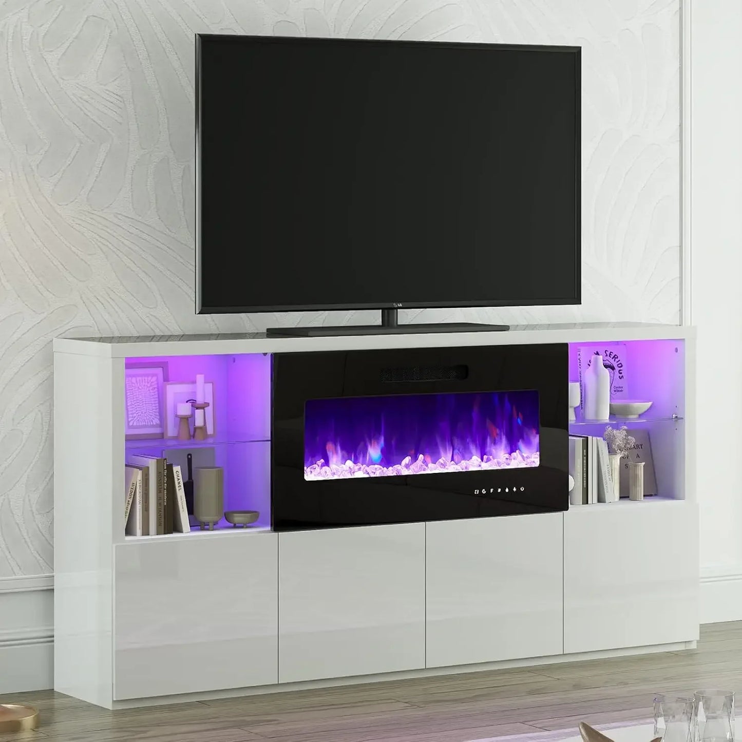 Fireplace TV Stand for TVs up to 75", Modern High Gloss Entertainment Center with 40" Fireplace, 4 Shelves & Storage Cabinets