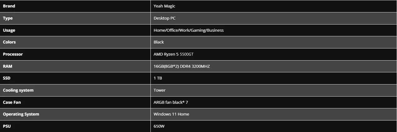 YEAH MAGIC Gaming Desktop AMD Ryzen 5 5500GT 3.9GHz 16GB(8G*2) DDR4 3200 1T NVME SSD ARGB 7 Fans Win 11 Home Gamer Desktop WIFI6