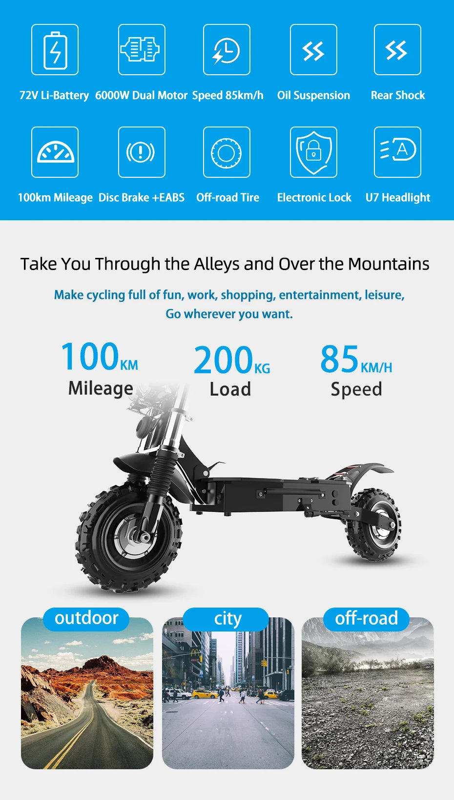 $1269/pc, 6000W Dual Motors Electric Scooter Adults up to 85 km/h 11" Off Road Tire with Seat Oil Hydraulic Suspension tax free