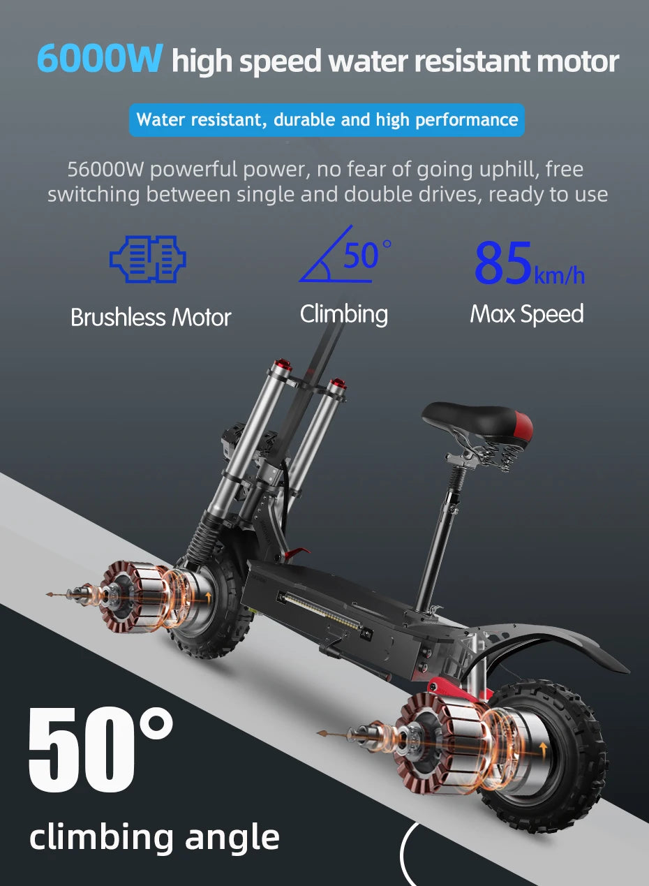 $1269/pc, 6000W Dual Motors Electric Scooter Adults up to 85 km/h 11" Off Road Tire with Seat Oil Hydraulic Suspension tax free