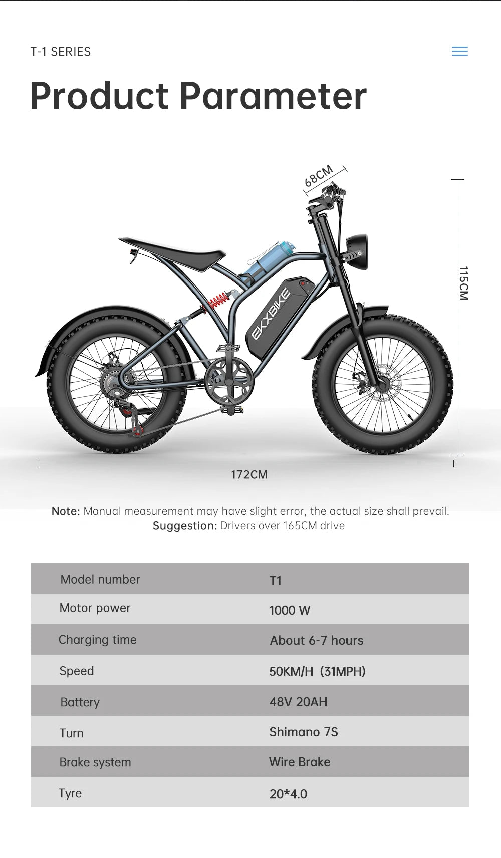 EKX T1 Electric Bike 20‘’*4.0 Fat Tires 1000W Motor 48V20AH Lithium Battery Road Electric Bicycle For Adults Mountain E-Bike MTB