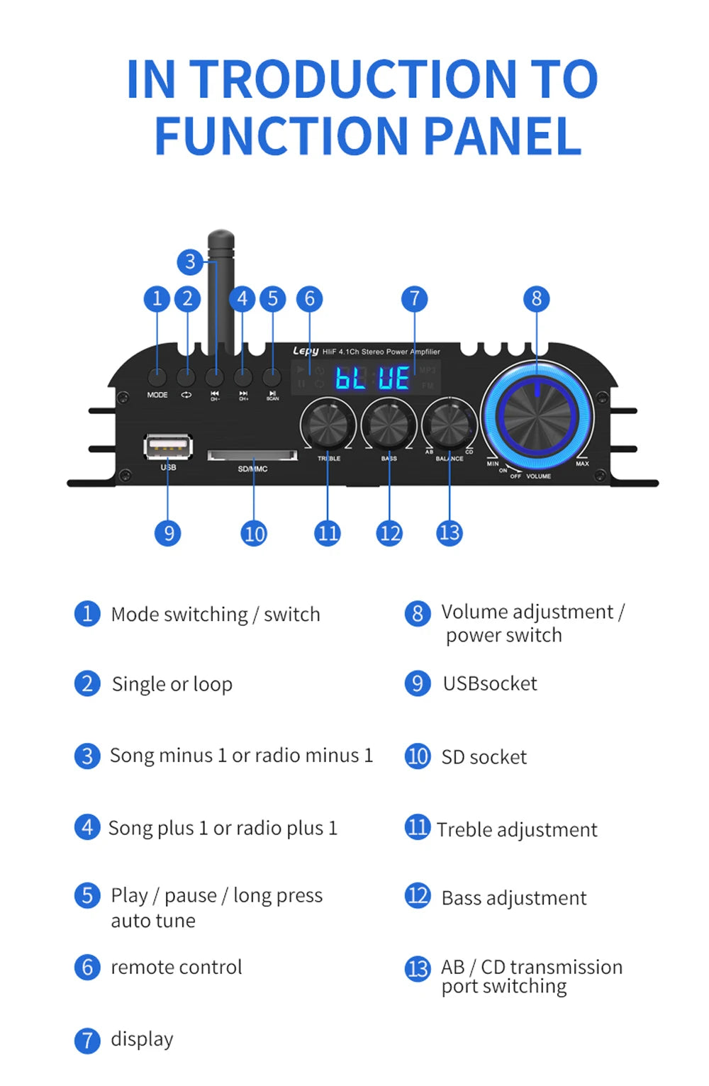 LEPY LP-269PRO 4.1 Channel Amplifier Bluetooth 5.0 Coaxial In USB SD FM Function Subwoofer Output Home Theater Sound System