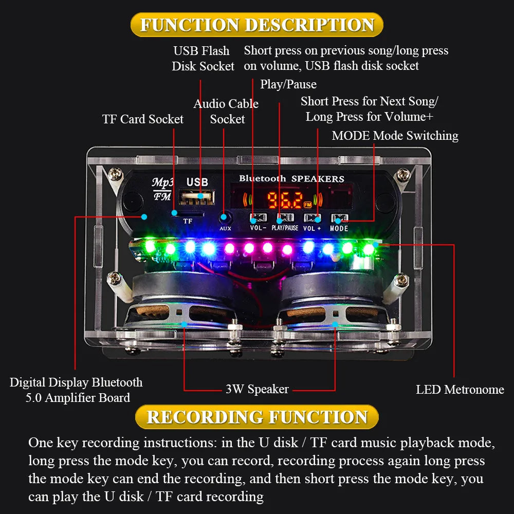 DIY Bluetooth Speaker Kit with FM Radio 87.5-108MHZ DIY Soldering Project Practice Electronic Kit Solder Assembly U Disk TF