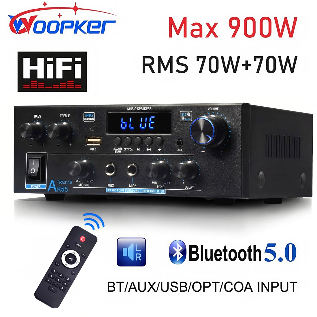 Woopker Amplifier AK55 900W Max 2.0 Channel Rated 70W+70W Bluetooth Audio Hifi AMP Karaoke Music Player Support 110V 220V 12V