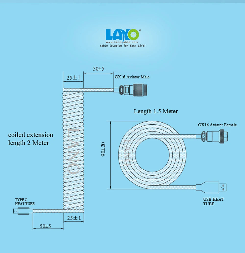 LANO Spiral Usb Keyboard Cable Black Coiled Keyboard Usb Type C Cable Metal Aviator Connector Gaming GX16 Usb Keyboard Cable