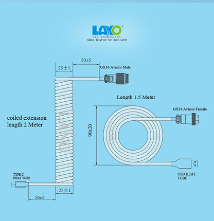 LANO Spiral Usb Keyboard Cable Black Coiled Keyboard Usb Type C Cable Metal Aviator Connector Gaming GX16 Usb Keyboard Cable