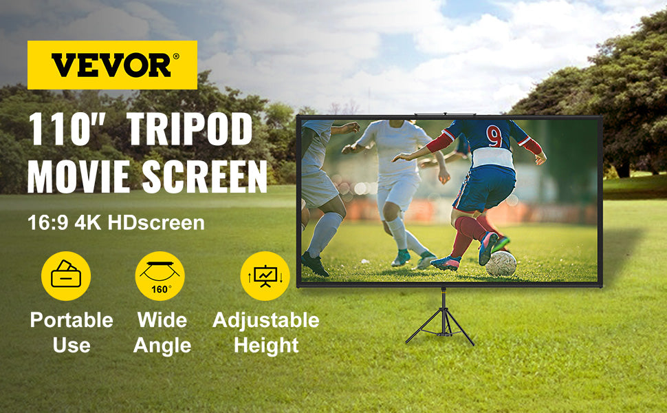 VEVOR 60 70 80 90 100 110 Inch Tripod Projector Screen W/ Stand 16:9 4K HD Portable Home Cinema for Indoor & Outdoor Projection